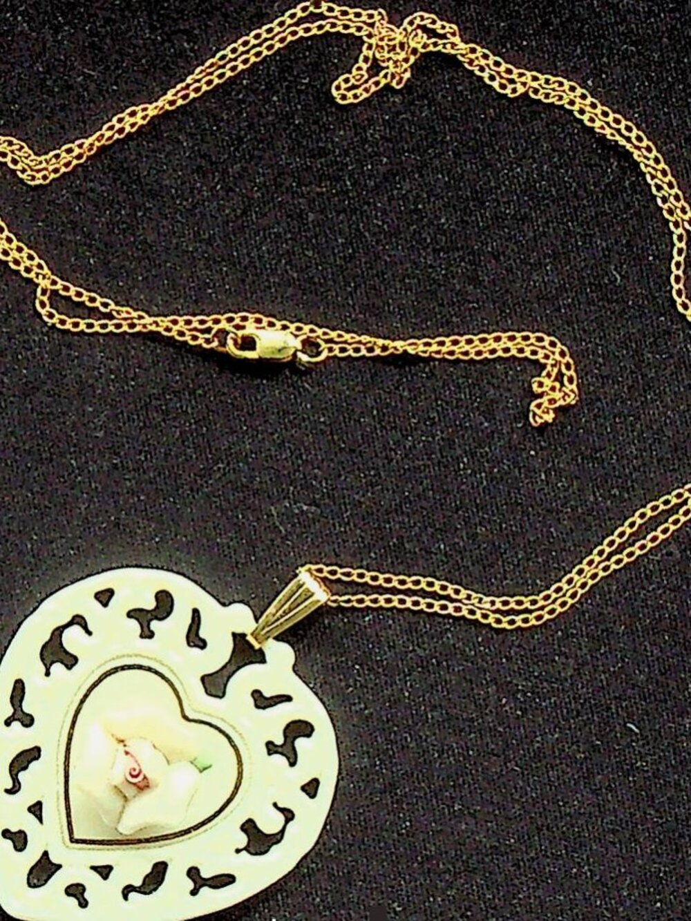 Lenox China Heart-Shaped Pendant with Center Rose & Chain - Vintage - Preowned